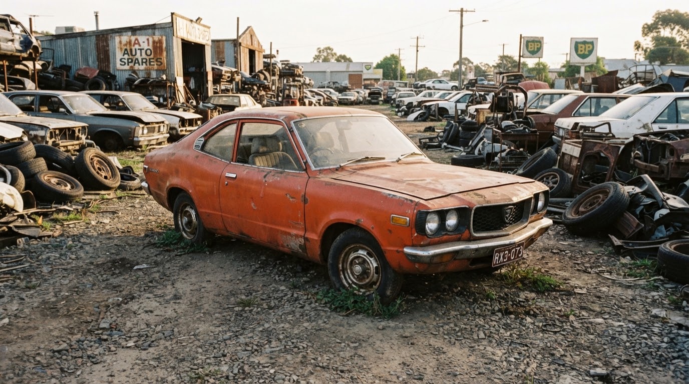 Mazda RX-3 used rotary coupe at a wrecker yard
