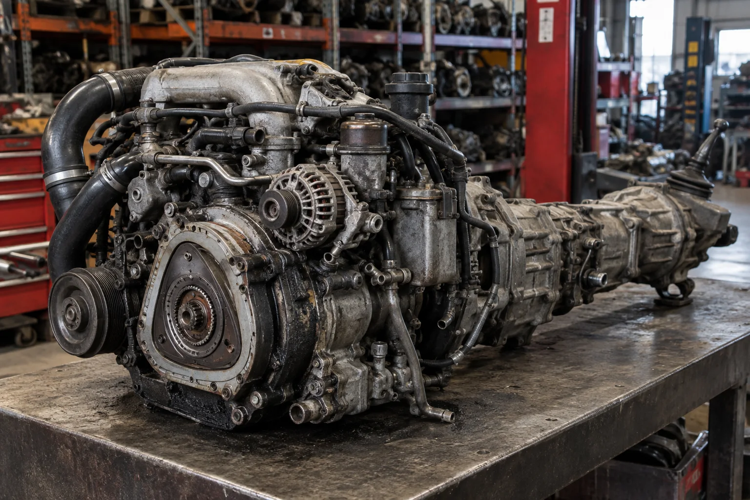Used Mazda rotary engine and gearbox on a workshop bench